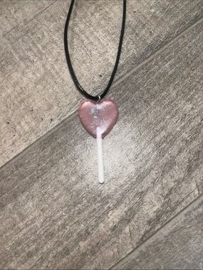 Pink Heart Lollipop Pendant Necklace on Black Cord
